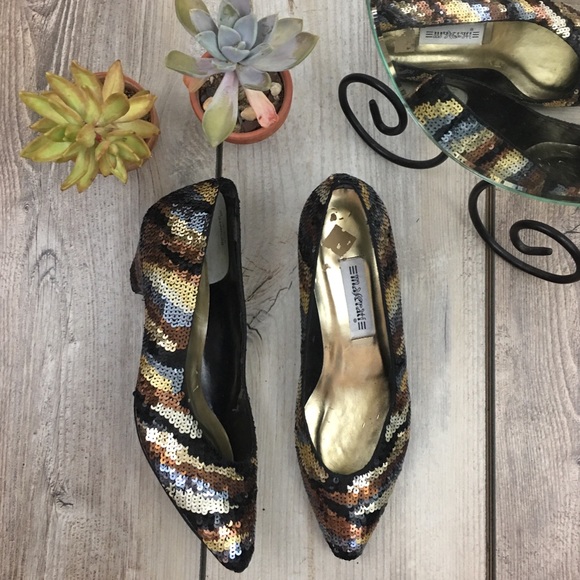 Vintage Shoes - Vintage Sequin Pointed Toe Narrow Kitten Heels